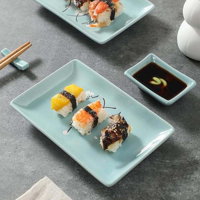8 pcs Japanese Sushi Plate Sets Serving Platters and Trays for Entertaining Sushi Dishes Set Plates Sushi Plates Traditional Cuisine Dinnerware Sets with Chopsticks Blue Plum