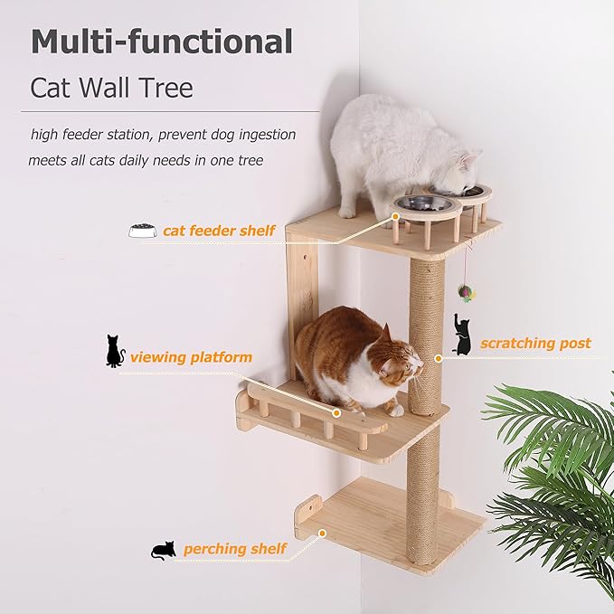 Wall Cat Tree with Feeding Station, 3-Levels Corner Shelf for Indoor Kitten Perching and Climbing, 36" Wooden Mounted Tower Playground