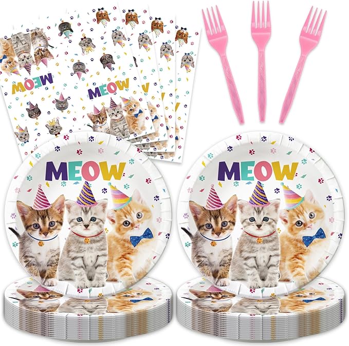 48Pcs Cat Birthday Party Decorations Include Meow Theme Paper Plates and Napkins Forks Supplies Cat Happy Birthday Cake Plates Set Sign Party Decorations for Girls Baby Shower Favors