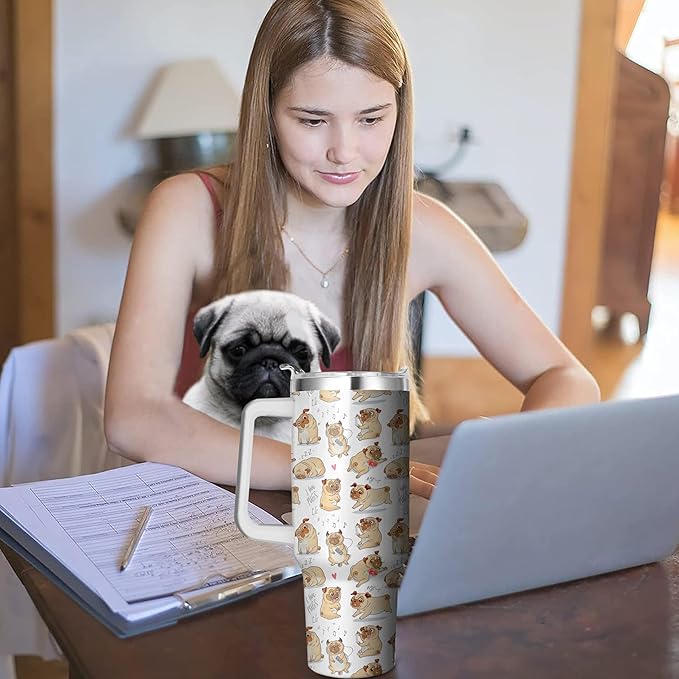 40 Oz Tumbler With Handle and Straw, Double Wall Stainless Steel Pug Coffee Cup, Insulated Mug for Dog Lovers, Dad or Mom Tumbler, Pug Gifts for Women and Men