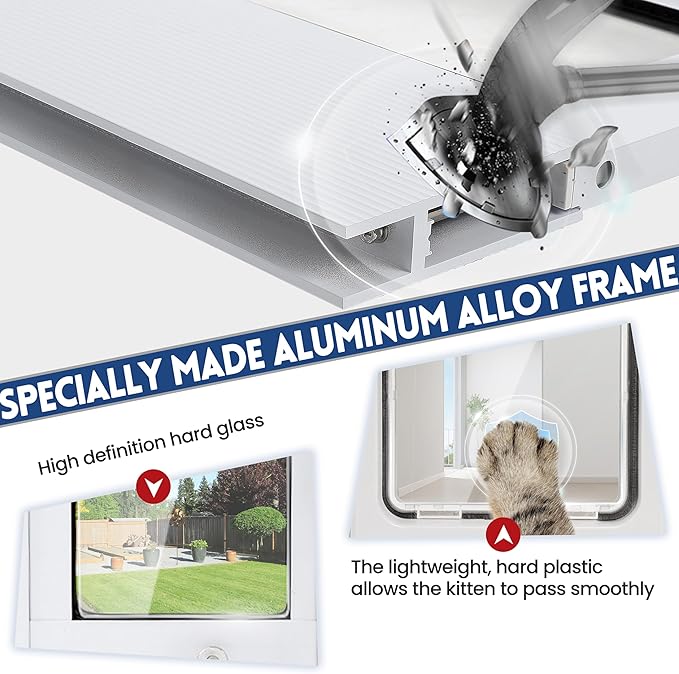 Aluminum Pet Door for Window, Width Adjustable to Fit Window Width 27"-32",Flap Size: 7.8" W X 10.6" H, Quick Install Cat Door Insert Window, Cat Door for Window with 4-Way Locking Knob, Weatherproof