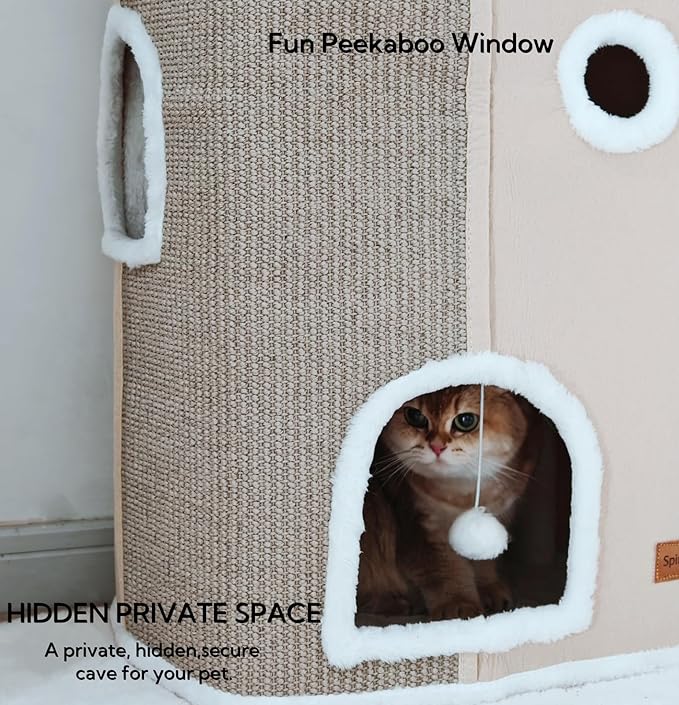 4-Level Cat House for Indoor Cats, Large Adult Cat Peekaboo Cave Bed Cats Cube Houses with Scratch Pad Cat Towers Cute Kitten Condo Hideaway Hut for Multi Pets Under 55 lbs Beige