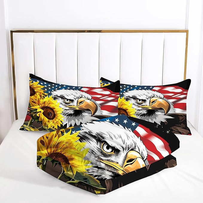 American Flag Comforter Full: Bald Eagle Bedding Set Sunflower USA Flag Quilt for Kids Teens Boys Adults Men US Stars Stripes Eagle Bed Sets 1 Comforter & 2 Pillowcases