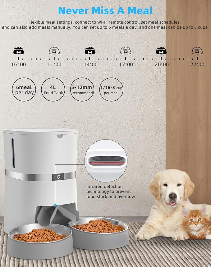 Automatic Cat Feeder, WellToBe Pet Feeder Food Dispenser for Cat & Small Dog with Two-Way Splitter and Double Bowls, up to 6 Meals with Portion Control, Voice Recorder - Battery and Plug-in Power