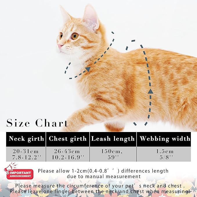 Cat Harness and Leash Set, Adjustable Kitten Harness Escape Proof Cats Harness, Soft Lightweight Walking Travel Pet Harness, Cute Kitty Harness Leash Set for Small Medium Cats, Multi-Floral