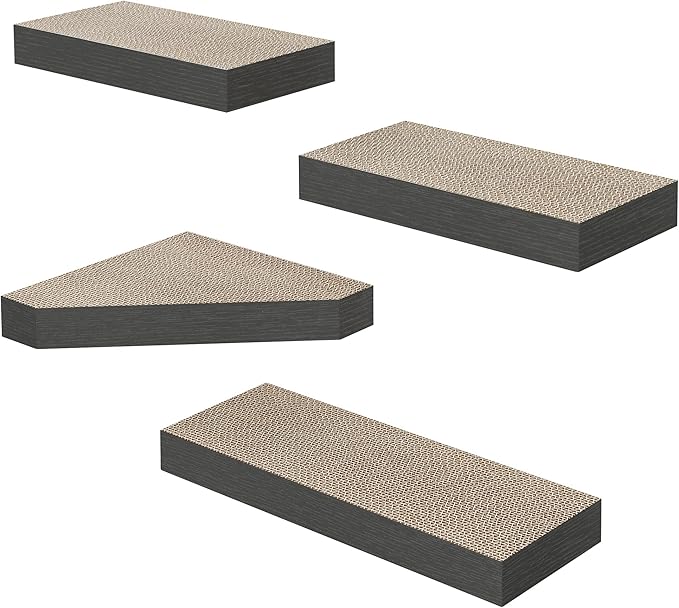 Way Basics Premium Cat Scratcher Floating Wall Shelf (4 Pack) (Charcoal Black)