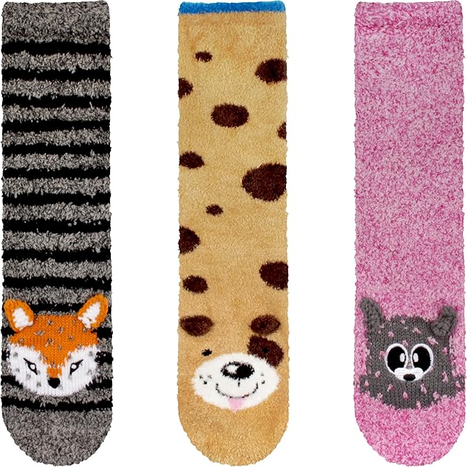 BambooMN Super Soft Warm Cute Animal Face Non-Slip Fuzzy Crew Winter Home Socks, Value Pack