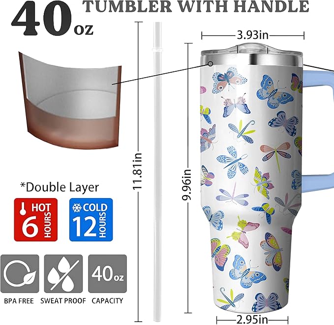 40 Oz Butterfly Tumbler with Handle and Straw, Double Wall Stainless Steel Cup, Butterfly Tumbler with Lid and Straw, 40 Oz Water Bottle and Mugs for Women Gifts