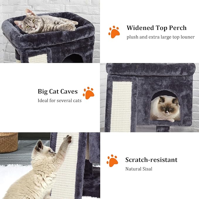 SYANDLVY Small Cat Tree for Indoor Cats Large Adult, Cat Tower with Scratching Post, Modern Cat House with Padded Perch, Kittens Condo with Board, Cat Cave (Smoky Grey)
