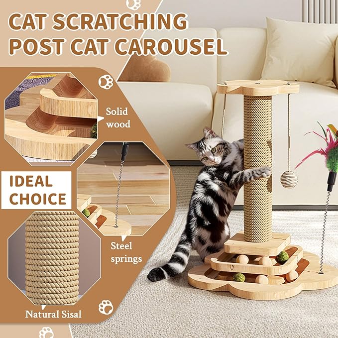 Wood Cat Scratching Post, Cat Tree Scratching Post with Cat Interactive Toy, Cat Scratching Post for Indoor Cats (18In)