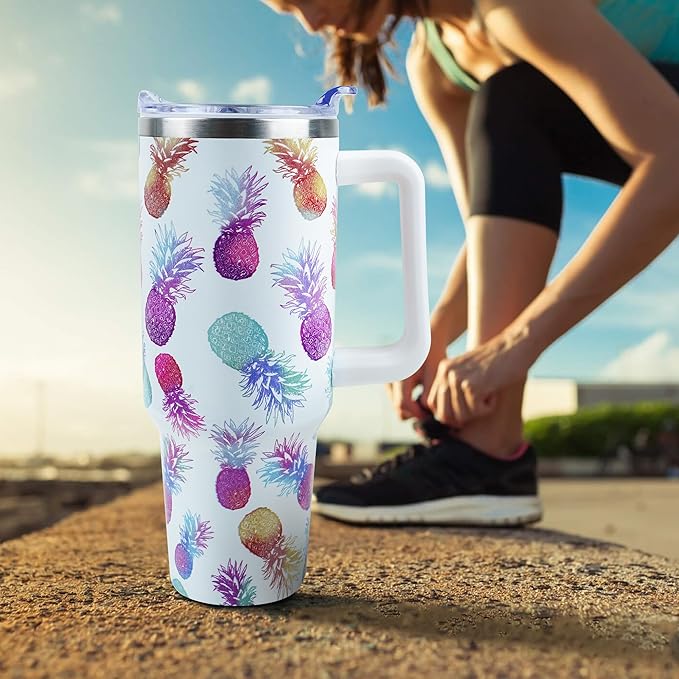 40 oz Tumbler with Handle and Straw, Stainless Steel Insulated Cup with Leak Proof Lid and Straw Lid, Keep Drinks Cold and Hot for Hours(Pineapple)