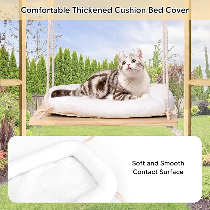 Cat Window Perch, Cat Hammock Window Seat with Cushion Bed Cover - Solid Wood Seat & Strong Suction Cups - Hanging Cat Window Bed Cat Shelf for Small Medium Indoor Cats