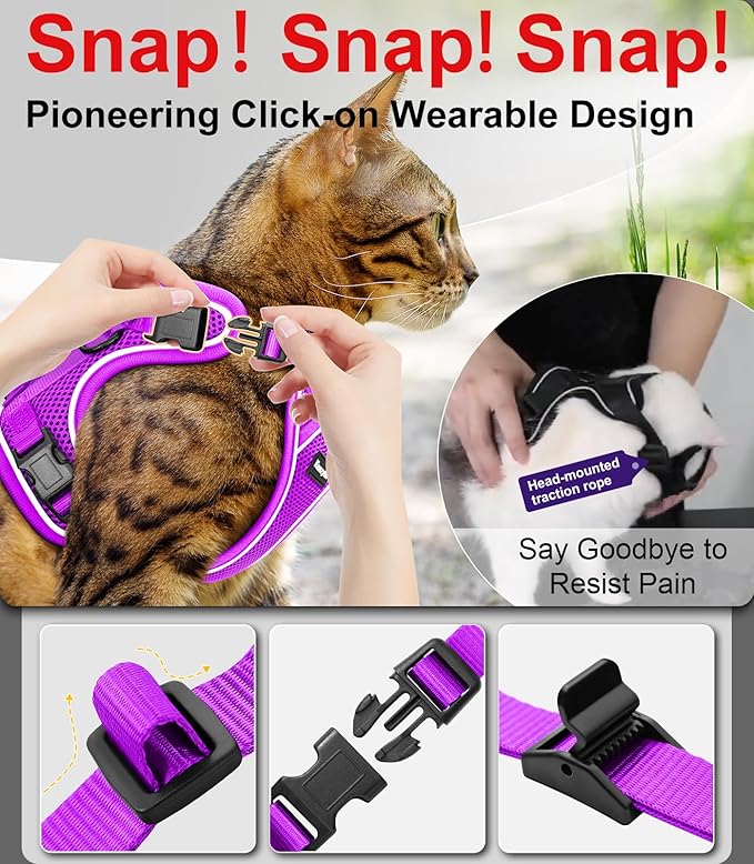 Cat Harness and Leash for Walking Escape Proof Soft Adjustable Cat Leash Breathable Comfortable Vest Easy to Wear Kitten Harness for Outdoor Travel Purple M