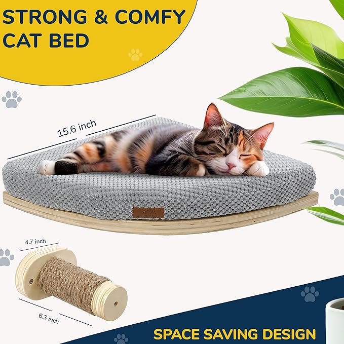 Corner Cat Wall Shelf, Wall Mount Cat Shelves with 2 Climbing Steps, Large Floating Cat Shelves for Wall, Wall Cat Bed Furniture and Perch for Indoor Cats (Wood Color)