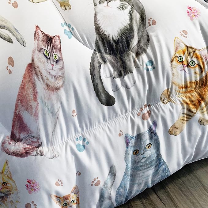 AILONEN Watercolor Cat Print Bedding Set Twin Size with Cats and Footprints Comforter Set for Boys Girls,Group of Cute Cats Soft Breathable White Tint Duvet Set 3 Pieces, 1 Quilt and 2 Pillowcases