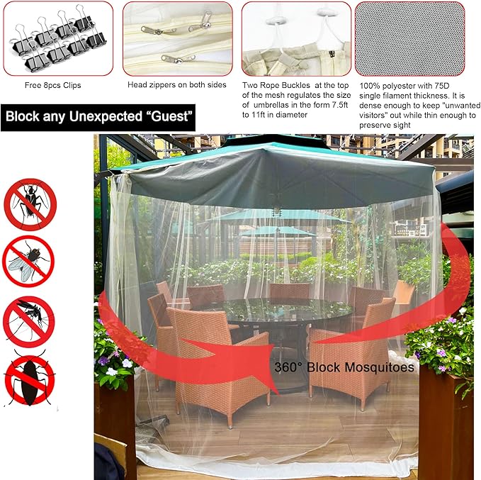 7.5-11ft Beige Patio Umbrella Mosquito Netting, with Double Zipper Door, Polyester Mesh Net Screen Universal for Almost Outdoor Market Table Umbrellas & Cantilever Offset Hanging Umbrella w/Tilt