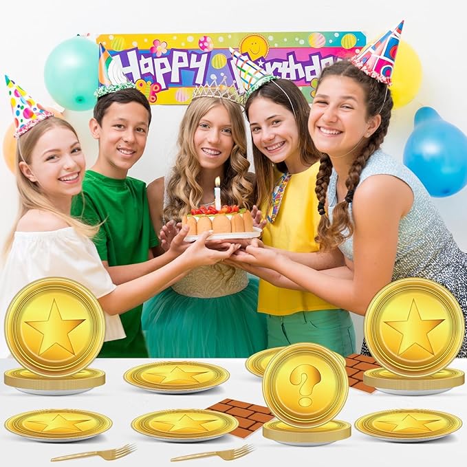 96 Pcs Super Brothers Party Supplies Game Theme Party Plates and Napkins Video Game Theme Tableware Set Decor Party Decorations for Birthday Baby Shower Party Favors for 24 Guests