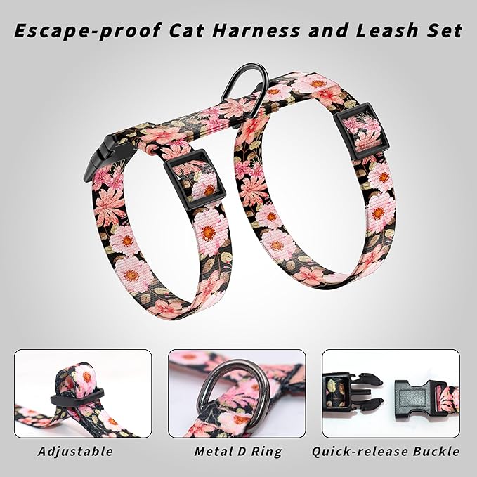 Cat Harness and Leash Set, Adjustable Kitten Harness Escape Proof Cats Harness, Soft Lightweight Walking Travel Pet Harness, Cute Kitty Harness Leash Set for Small Medium Cats, Light Pink
