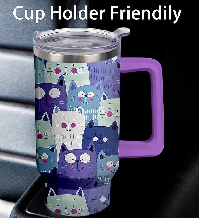 40oz Cute Cat Tumbler with Handle and Straw, Stainless Steel Insulated Cup with Lid, Travel Coffee Mug Water Bottle, Birthday Mothers Day Gifts for Women Men Animal Lovers