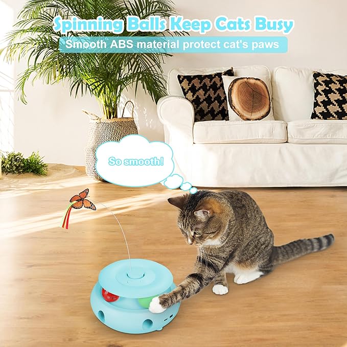 3-in-1 Interactive Cat Toys for Indoor Cats, Automatic 6 Holes Mice Whack-A-Mole, Fluttering Butterfly, Track Balls, USB Rechargeable, Ultra Fun Smart Interactive Kitten Toy (Tiffany Blue)