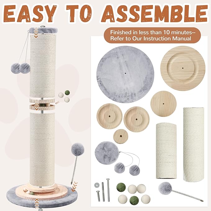 OTOB 33" Tall Cat Scratching Post, 4.3Inch Large Diameter Natural Sisal Rope Scratcher Post, 5-in-1 Interactive Turntable Cat Scratch Post with Soft Hanging Ball Toys for Indoor Large Cats