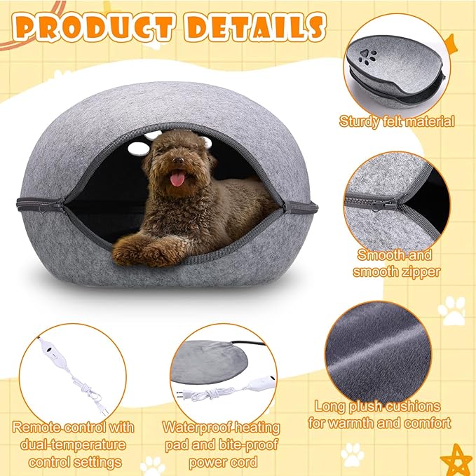 18.1 Inch Heated Cat Bed, Indoor Heated Cat Cave, Heated Cat Pad Cat Bed Warmer Thermal Pet Bed with Removable Waterproof Heater for Kitty Small Dogs Gray