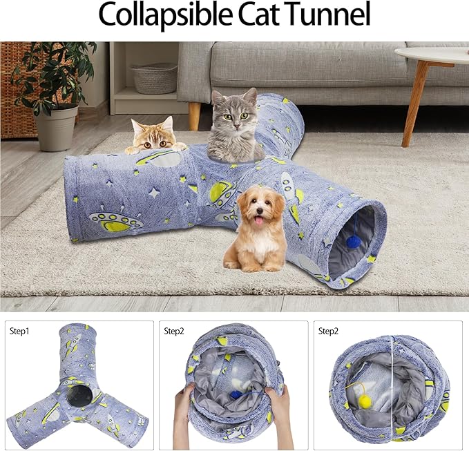 3-Way Plush Cat Tunnel Tube, Cat Toys Collapsible Tunnel Tube with Noctilucous Pattern and Cat Toy Ball, Cat Tunnel for Indoor, Suit for Rabbits, Kittens, Ferrets,Puppy and Dogs,Small Animals
