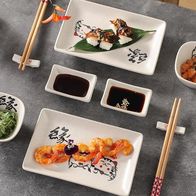 8 pcs Japanese Sushi Plate Sets Serving Platters and Trays for Entertaining Sushi Dishes Set Plates Sushi Plates Traditional Cuisine Dinnerware Sets with Chopsticks Cat