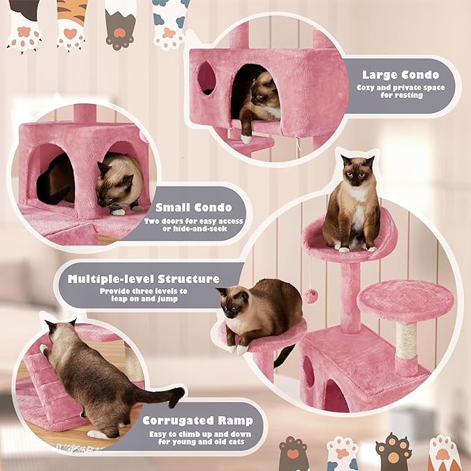 Yaheetech 54in Cat Tree Tower, Multi-Level Cat Tree for Indoor Cats with Scratching Posts, Dangling Balls Cat Play House, Pink
