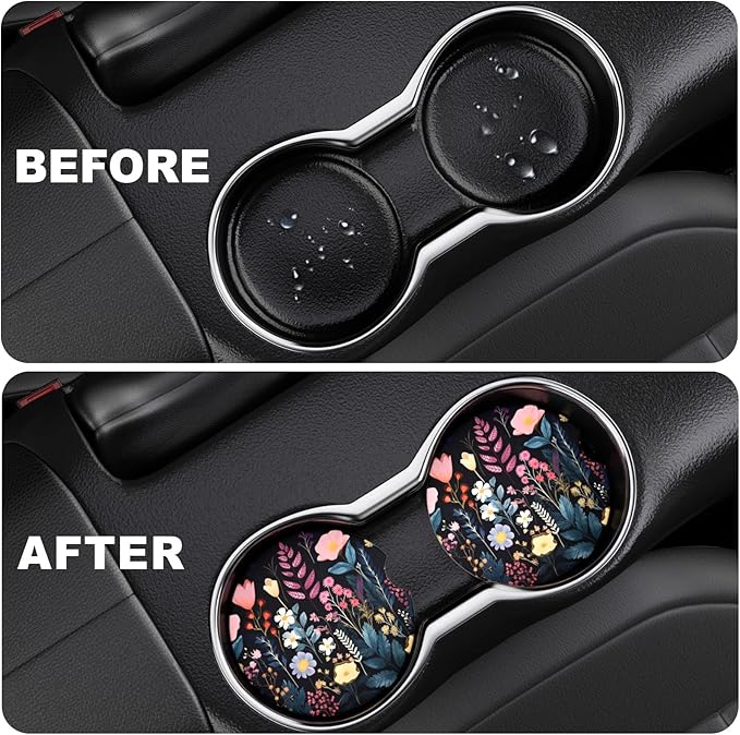 2 Pack Car Cup Holder Coasters, 2.63 Inch Anti Slip Ceramic Absorbent Coaster with Cork Base and Finger Notch, Cute Car Accessories Interior for Women