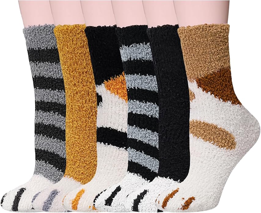 3-6 Pairs Womens Fuzzy Socks Cozy Fluffy Slipper Socks Cute Soft Cat Animal Winter Warm Sleep Socks Gifts