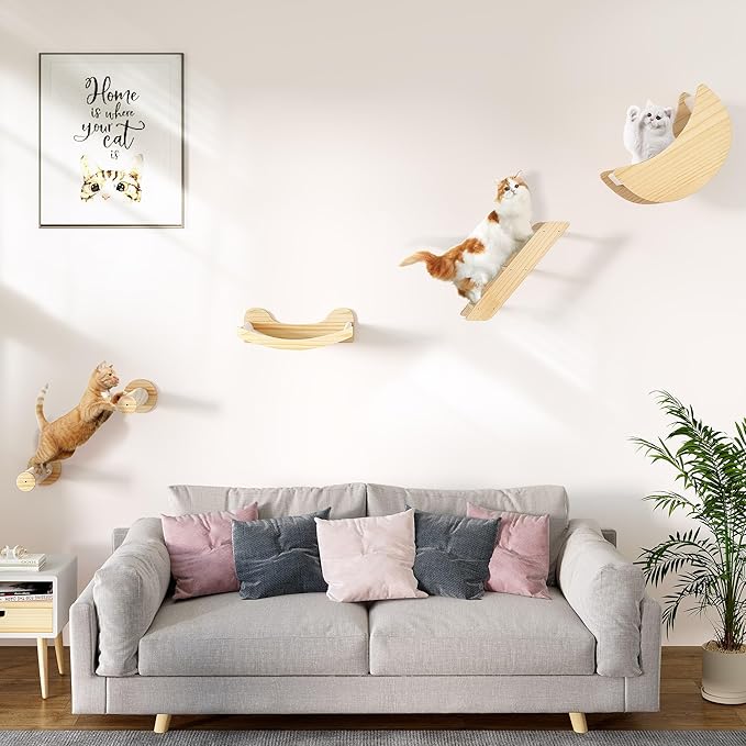 DWVO Cat Wall Shelves and Perches for Wall, Solid Wood Wall Mounted Cat Furniture, Set of 5 Cat Climbing Shelves with Moon Cat House, Cat Bridge Ladder, Cat Hammock and Cat Scratching Post