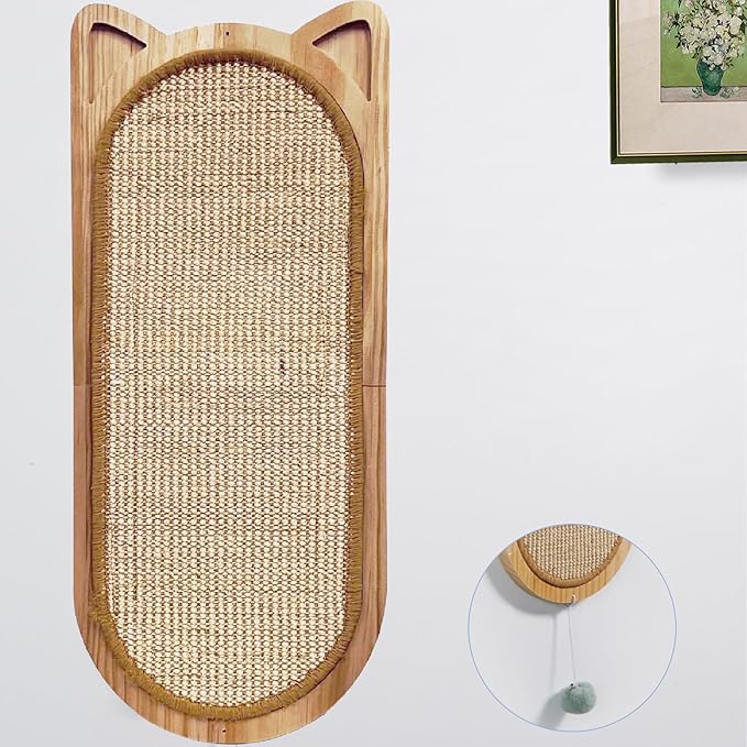 Cat Wall Scratching Post, Sisal Cat Wall Scratcher with Cat Ball Toy, Folding Wall Mount Cat Scratcher, Wood Cat Scratching Board for Couch Protector, Cat Wall Furniture for Cats