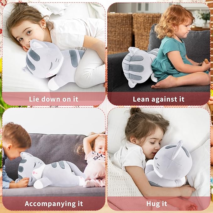 Achwishap Cat Stuffed Animal,Cat Plush Pillow,Soft Kitten Plush Kawaii Cat Hugging Pillow,Cute Plush Toys Cuddle Plushie for Kids Adults Gifts Birthday(Gray Cat,14”)