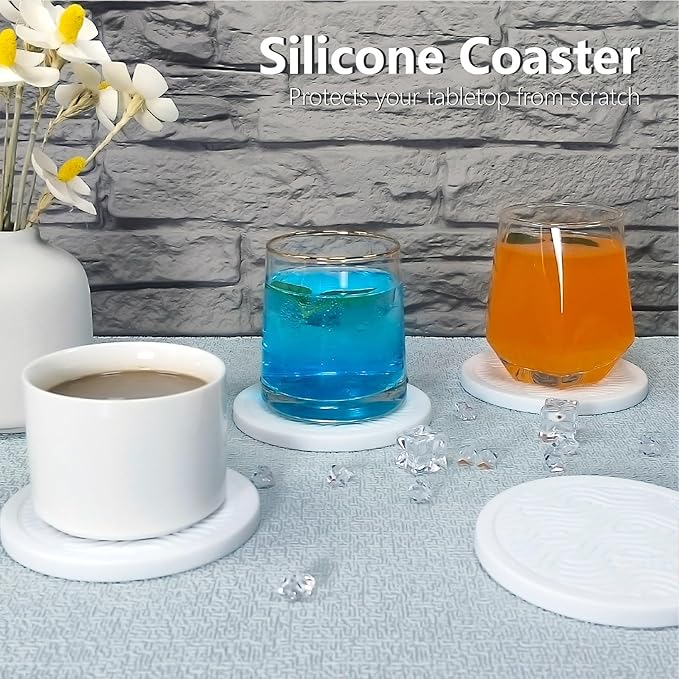 6-Pack Waterpaint Greeting Silicone Coasters with Deep Tray Holder - Double-Sided Drink Coasters - Beverage Mats for Hot or Cold Drinks - Thick, Non-Slip, Non-Stick Silicone with Ceramic Insert