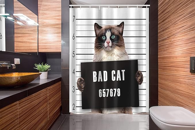 Ambesonne Cat Stall Shower Curtain, Bad Gang Cat in Jail Kitty Under Arrest Criminal Prisoner Hangover Work, Fabric Bathroom Decor Set with Hooks, 54" W x 78" L, Brown Black White