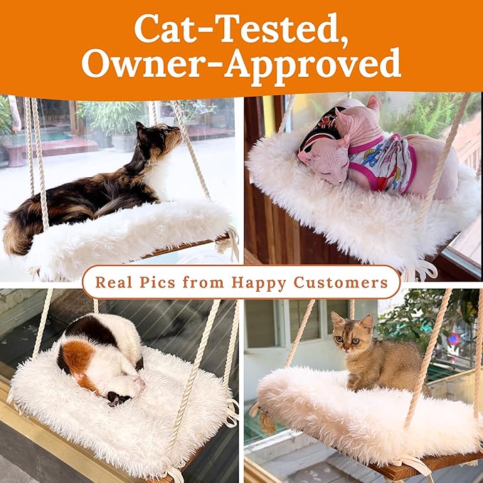 Cat Window Perch - Cat Hammock for Window - Solid Wood Seat & Strong Suction Cups - Furry Cat Window Bed & Furniture for Cats Inside - Fluffy Hanging Window Shelf for Small Medium Indoor Cats