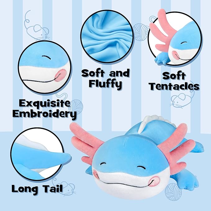 Axolotl Plush, Soft Plush Pillow Blue Axolotl Stuffed Animal, Cute Plushies Toy Gifts for Kids & Adults
