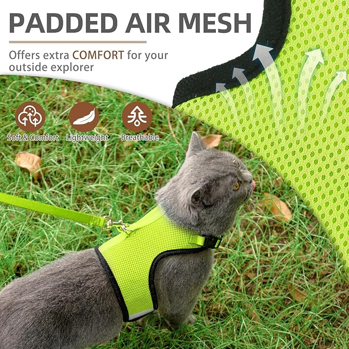 PUPTECK Soft Mesh Cat Vest Harness and Leash Set Puppy Padded Pet Harnesses Escape Proof for Cats Small Dogs Rabbits Bunny, Fluorescent Green S