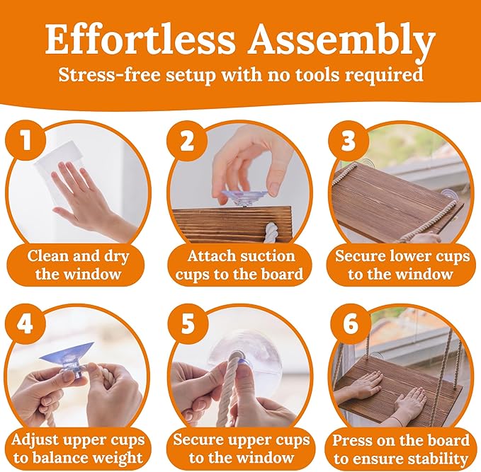 Cat Window Perch - Cat Hammock for Window - Solid Wood Seat & Strong Suction Cups - Furry Cat Window Bed & Furniture for Cats Inside - Fluffy Hanging Window Shelf for Small Medium Indoor Cats