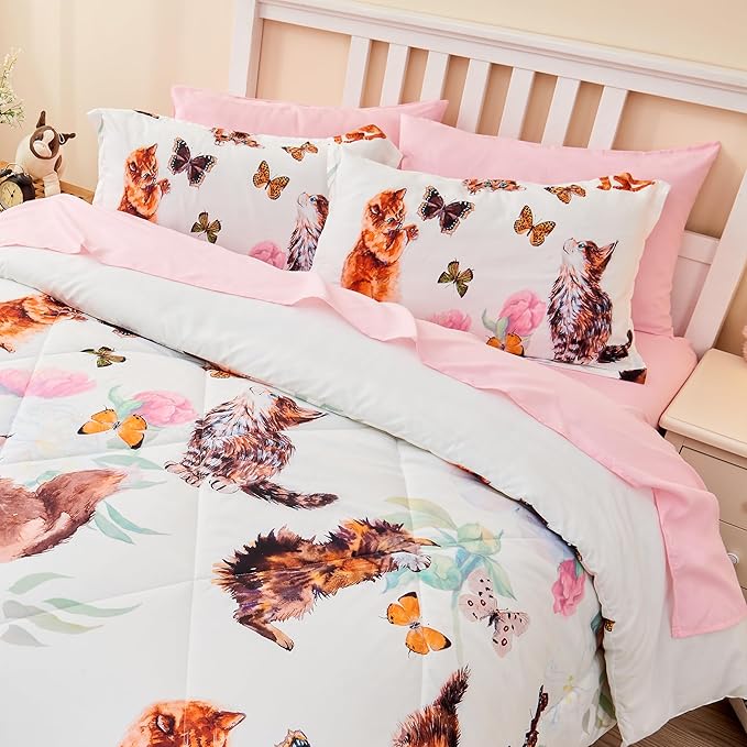 7 Piece Cat Comforter Set Full Size,Kids Girls Bed in A Bag Cute Kitty Butterfly and Flowers Comforter Set for All Season(1 Comforter,2 Pillow Shams,1 Flat Sheet,1 Fitted Sheet,2 Pillowcases)