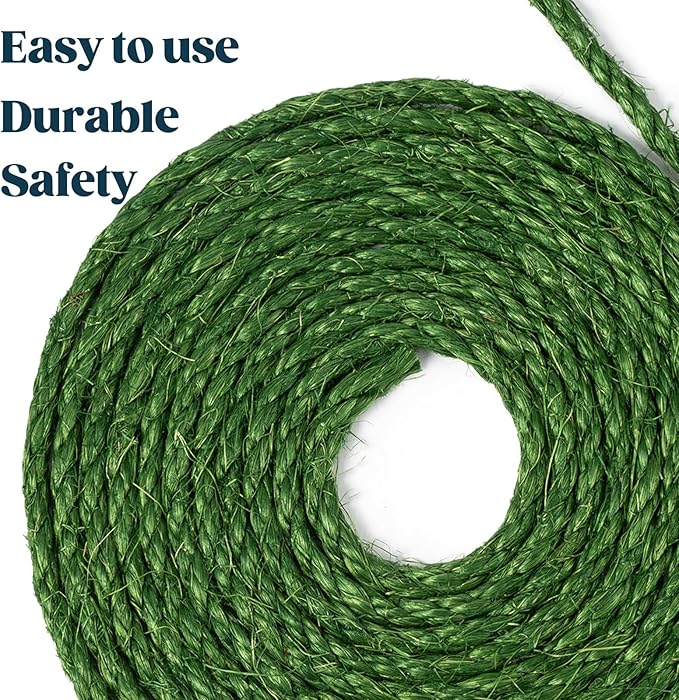 Natural Sisal Rope for Cat Scratcher 1/4 Inch by 100 Feet, Cat Tree Rope Twine for Cat Scratching Post Replacement, Cat Tower with Scratch Post Repairing, Replace, Recovering and DIY, Green