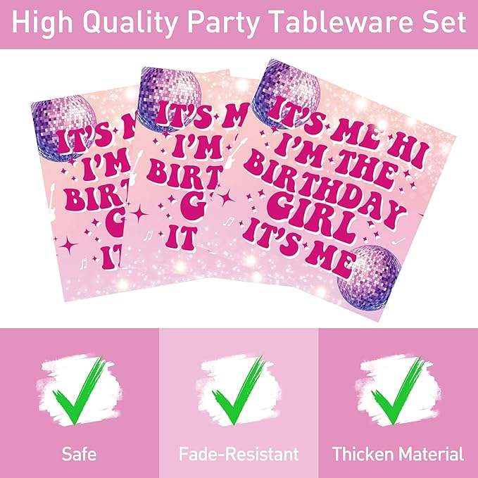 96 Pcs Birthday Plates and Napkins Party Supplies - Disposable Forks Paper Dessert Tableware Its Me Hi Im The Birthday Girl Its Me Decorations Table Dinnerware Favors Set, Serves 24