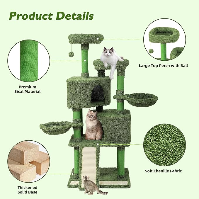 Mile High Life | Multi-Level Cat Tree Condo 58" for Large Cats | Hammock and Sisal Covered Scratching Post Tree for Kittens | Tall Cat Climbing Stand with Cute Hanging Ball & Toys for Play Houses