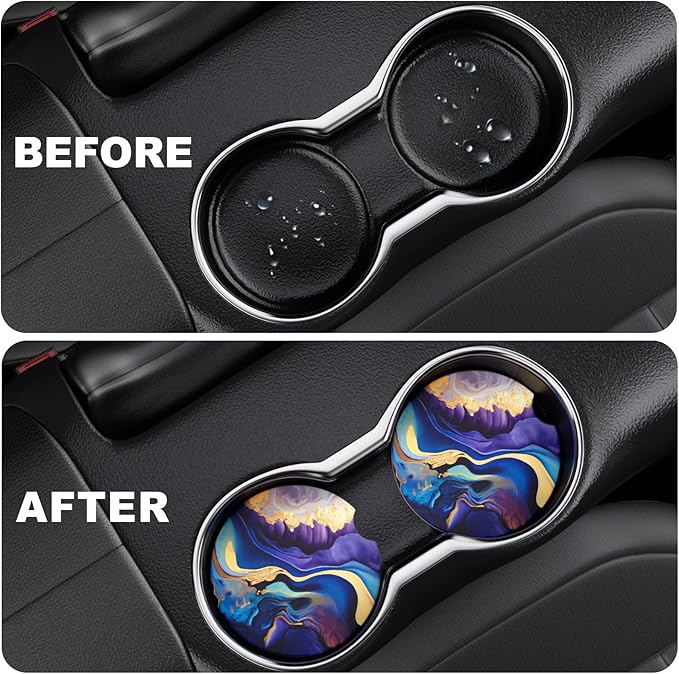 2 Pack Car Cup Holder Coasters, 2.63 inch Anti Slip Insert Absorbent Ceramic Coasters with Cork Base and Finger Notch, Cute Car Accessories Interior for Women