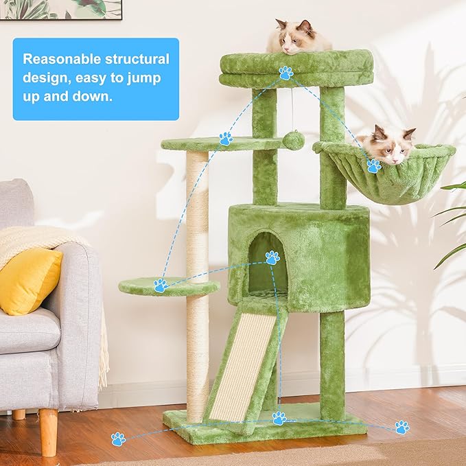 Hey-brother Cat Tree with Scratching Board, Cat Tower with Padded Plush Perch and Cozy Basket, Multi-Platform for Jump, Green MPJ005GR
