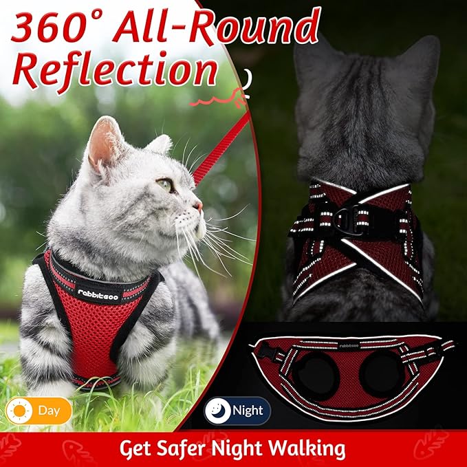 rabbitgoo Cat Harness and Leash Set for Walking Escape Proof, Adjustable Soft Kittens Vest with Reflective Strip for Cats, Comfortable Outdoor Vest, Red, M