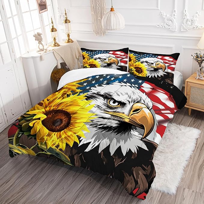 American Flag Comforter Full: Bald Eagle Bedding Set Sunflower USA Flag Quilt for Kids Teens Boys Adults Men US Stars Stripes Eagle Bed Sets 1 Comforter & 2 Pillowcases
