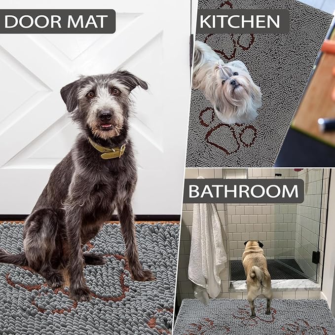 EXPAWLORER Dog Door Mat for Muddy Paws - Highly Absorbent Microfiber Dog Rug, Soft Chenille Dog Runner Rug Indoor Outdoor Floor, Non-Slip Large Pet Paw Cleaning Washable Mud Mat for Bathroom, Grey
