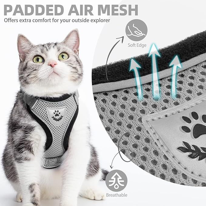 PUPTECK Cat Harness and Leash Set Escape Proof Reflective Cat Walking Harness Adjustable Soft Breathable Mesh Vest for Small Pets, Grey, S